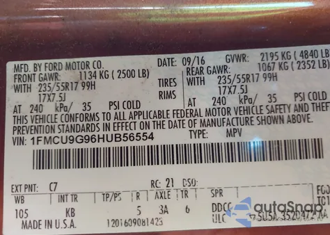 2017 Ford Escape Se из США, поврежденный, VIN 1FMCU9G96HUB56554